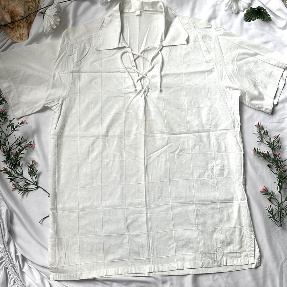 Mens Beach Vacation Lace Up Shirt Size M White Grid Pattern Cotton
